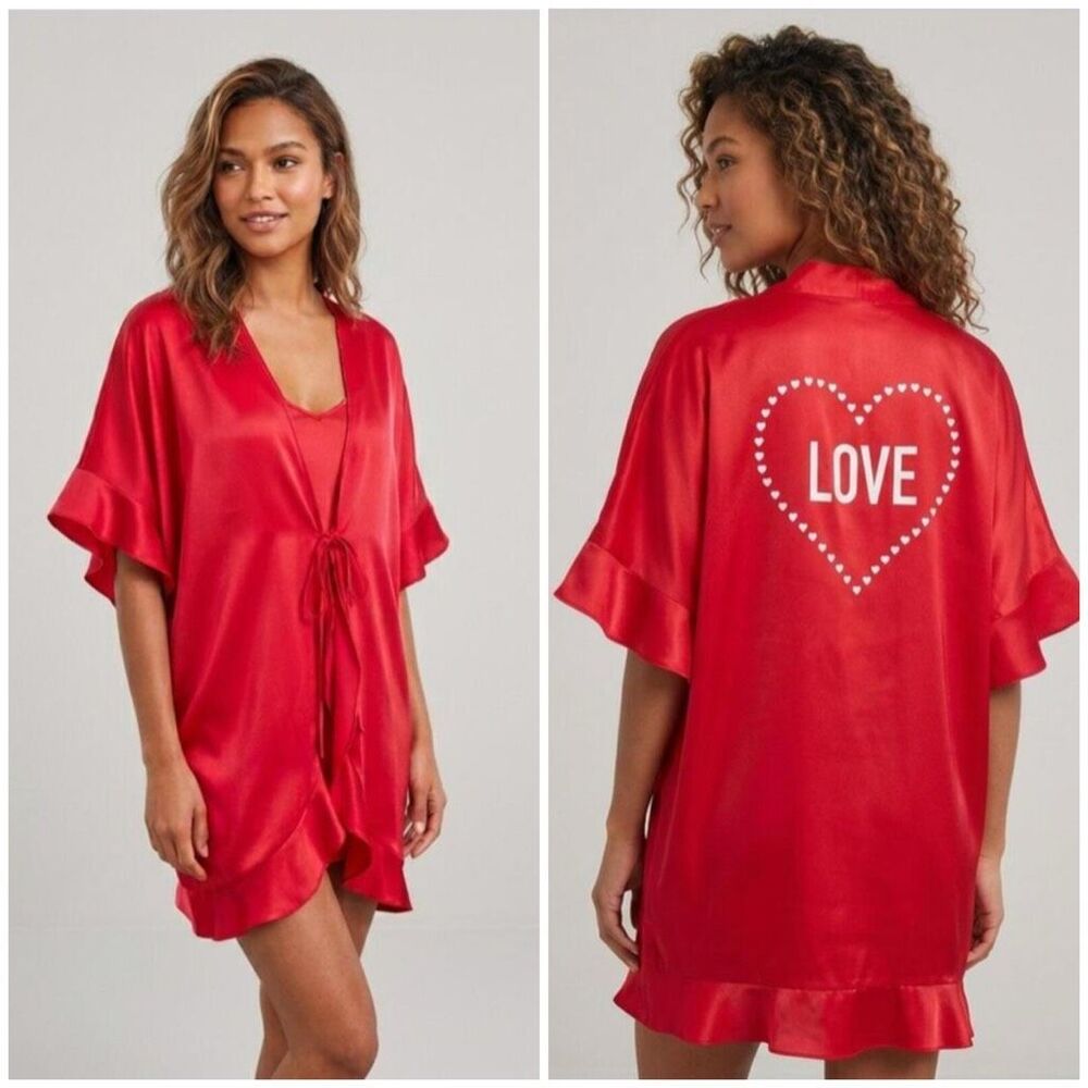 Victorias Secret One Size Sweet Heart Satin Robe Red White